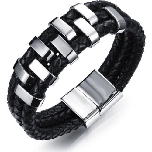 High Quality 17mm Wide 316L stainless steel black leather bracelet Fashion Mens Sport Jewelry Bangle 8.26