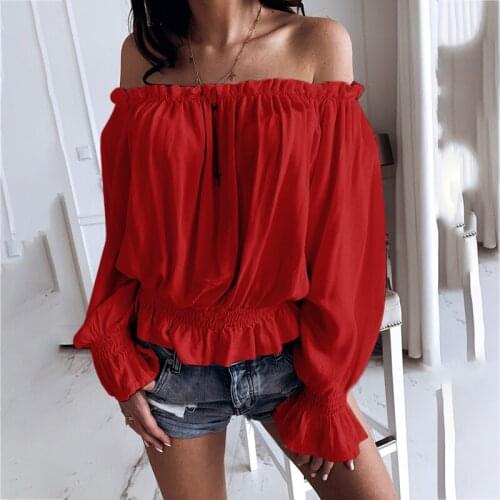 Spring and Autumn Off The Shoulder Ruffle Long Sleeve Pink Blouse Ladies Loose Solid Color Plus Size Y2K Clothes Shirts