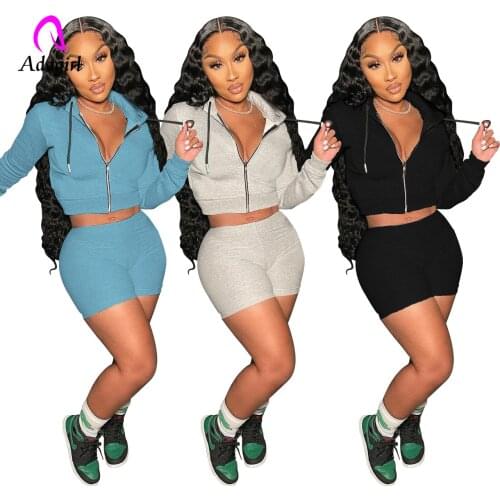 Fitness Women 2 Piece Set Solid Zipper Fly Hooded Coat + Skinny Biker Shorts Matching Set 2021 Autumn Jogger Set Slim Tracksuit
