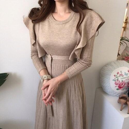 Womens Temperament Ruffled Waist Tie Knitted Dress One Size