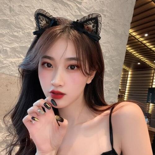 Hair clips sexy Accessories Lace Women Sexy Headband 1PC Girls Black Lovely Cat Ear Head Chain Jewelry 20cm Holiday Polyester