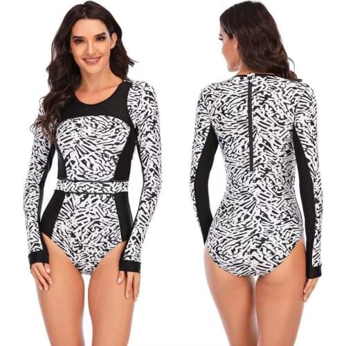 2021 Swimsuit Women Long Sleeve Rashguard One Pieces Swimwear Print Floral Zipper Surf Rash Guard Hot Spring Bathing Suit