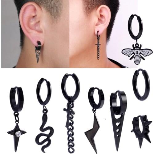 8PCS Stainless Steel Black Dangle Lobe Earrings Ear Tragus Helix Cartilage For Men/Women Punk Earrings Body Piercing Jewelry
