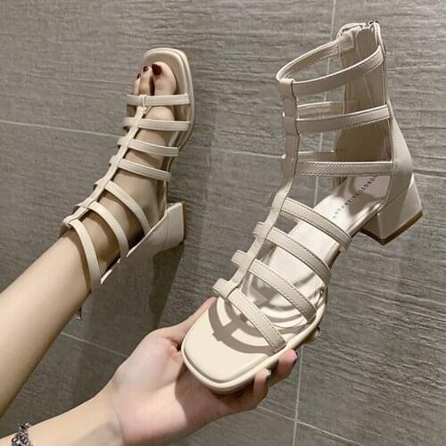 Sandals Girl 2021 New Summer Hundred Thick Heeled Open-toed Fairy Wind Hollowed Out After Zip Roman Shoe Ins Tide