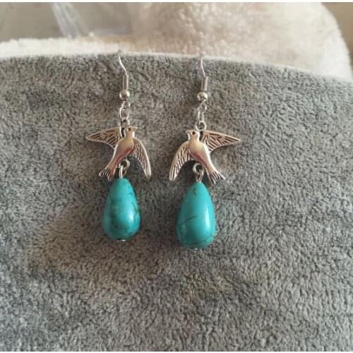 Ea737 New Listing simple Vintage bird blue stone geometric Water droplets pendant earrings Female charm jewelry Christmas gift