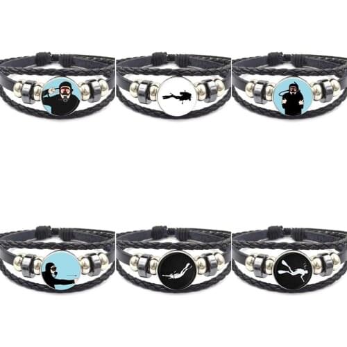 EJ Glaze Scuba Diver For Women Girls New Arrival Black Leather Bracelet Bangle Glass Cabochon Jewellery
