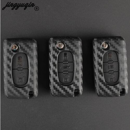 Jingyuqin Carbon Silicone Remote Folding Key Case Cover For PEUGEOT 207 307 308 407 408 For Citroen C3 C4 C4L C5 C6 2/3 Buttons