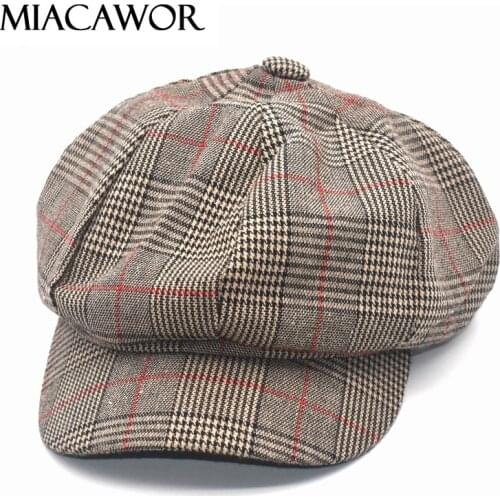 MIACAWOR British Newsboy Cap Female Octagonal Hats For Women Casual Plaid Beret Hat Spring Autumn Gorras Painter Hat C4