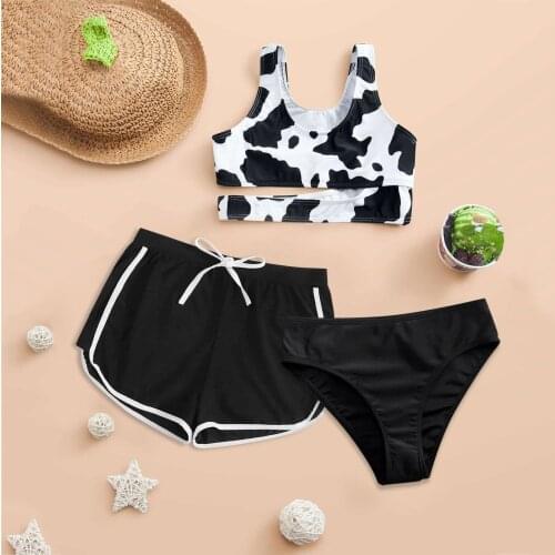 TELOTUNY Swimwear Girls' Summer Cute Crisscross Back Cow Floral Print Three-Piece Swimsuit Bikini Set Pool Beach Wear 8-13 Years