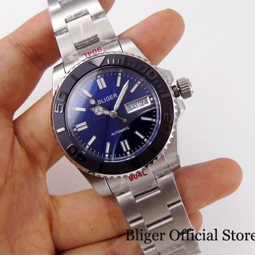 BLIGER 24 Jewels NH36A Mechanical Watch Men Blue Dial Brushed Black YM Insert Luminous Index Glide Lock Oyster Weekday Calendar