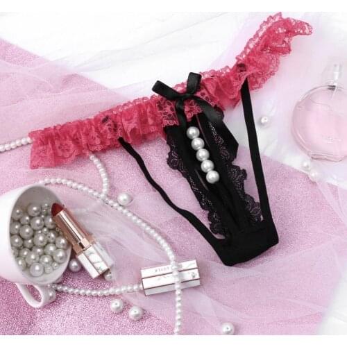 Fashion Women Sexy Panties Hole Translucent Underwear Sheer Lace Tank Lace Pearl Sexy micro string Colaless Brazilian Panties