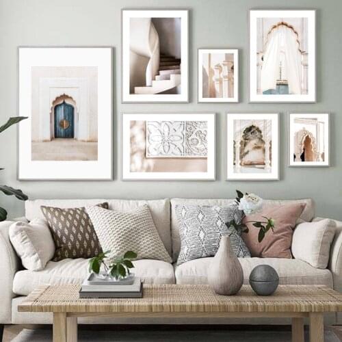 Llah Islamic Poster Morocco Door Muslim Building Nordic Wall Art Khaki Canvas Print Painting Picture Modern Mosque Decoration