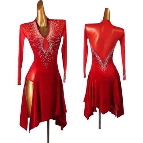 New Modern Latin Dance Stage Performance Clothing Long Sleeve Rhinestone Sexy Rumba Clothes Tango Dress Salsa Costumes DQL5210