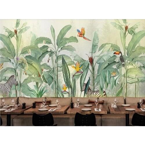 Custom wallpaper mural hand-painted vintage tropical rainforest plant animal tooling wall