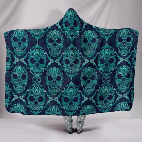 Green Skulls 3D Printed Wearable Blanket Adults For Kids Various Types Hooded Blanket Fleece blanket 01