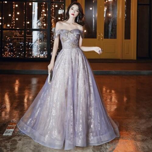 Female Light Purple Off-Shoulder Evening Dresses 2020 Elegant Exquisite Sequins Formal Party Gown