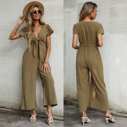 2021 Summer Sexy V-neck Nine-point Wide-leg Jumpsuit Women Jump Suits for Women Casual Cotton Linen Rompers Playsuits Overalls