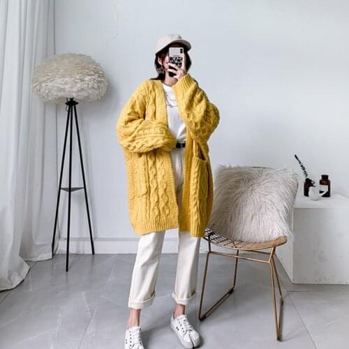 [ZAYAU]Thick Thread Stick Needle Sweater Coat womens Middle Long Twist Loose Korean Winter Knitted Cardigan Lazy Wind 2021