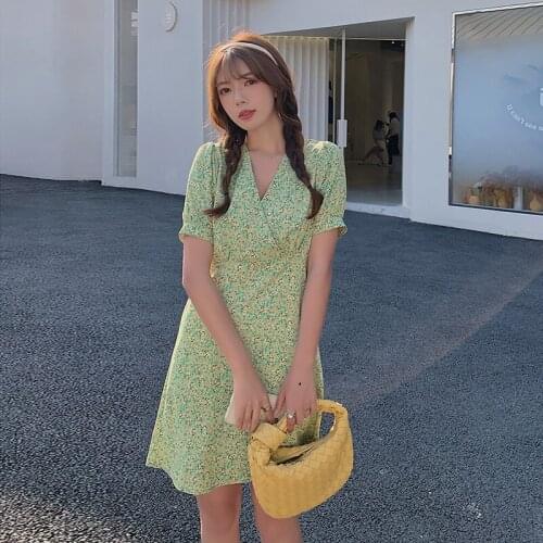 Womens Dress 2021 Summer Korean Fashion Floral Pleated Puff Sleeve Dress Sexy V-neck Mini Dresses