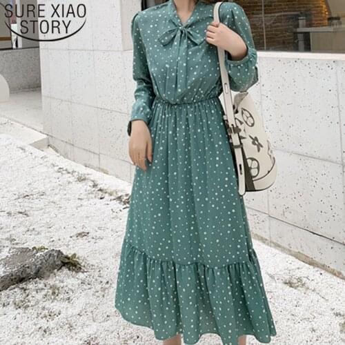 2021 Spring New Long Sleeve Polka Dot Chiffon Dress Sweet Printed Pleated A-Line Maxi Dress Fashion Dresses Robe Femme 8703