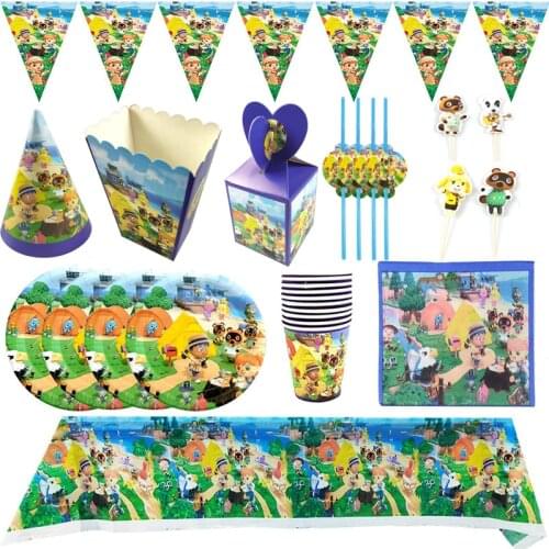 121pcs/lot Animal Crossing Theme Cake Toppers Tablecloth Straws Birthday Party Plates Cups Decora Kids Boys Favors Napkin Banner