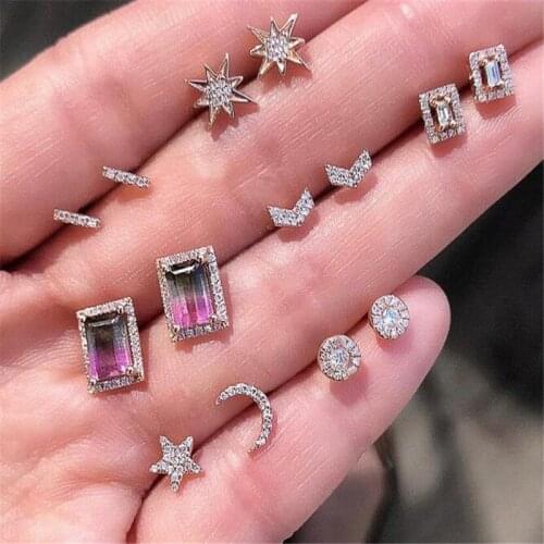 7 Pairs/set Moon Stars Lightning Bijoux Crystal Stud EarringS for Woman Boucle D'oreille Jewelry Dazzling Earring Brincos