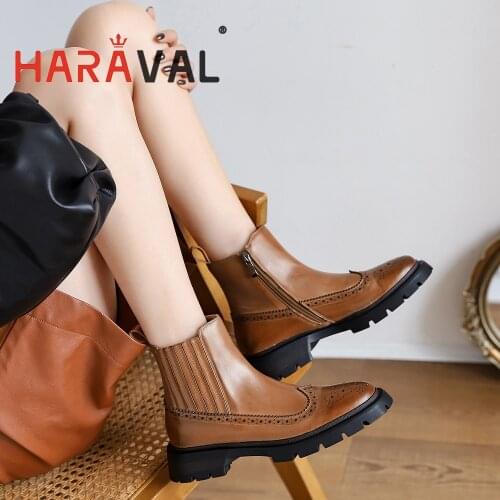 HARAVAL Women Ankle Boots Motorcycle Boot Round Toe Spring/Autumn Black Brown Solid ELEGANT Low Heels Adult Shoes Women E334L
