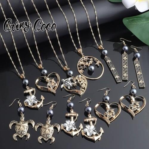 Cring Coco Hawaiian Heart Jewelry Sets Marshallese Pohnpei Anchor Stingrays Turtle Pendants Earrings Necklaces Set for Women New