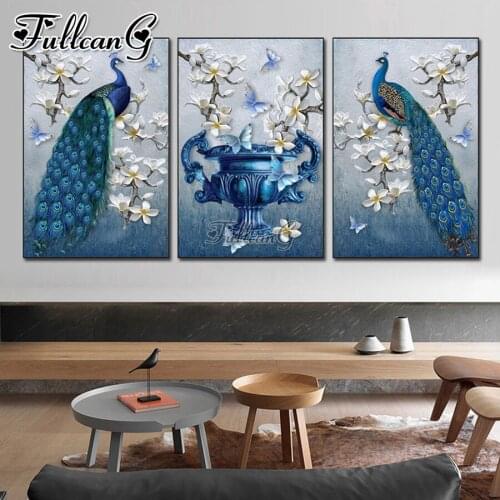 FULLCANG 5d diy diamond embroidery Flower blue peacocks painting triptych full square round drill wall decoration FC3618