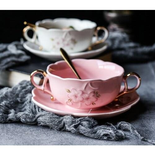 Coffee Cups With Spoon Dish Romantic Cherry Blossom Embossed Ceramic Milk Cup Bowl for Wedding Binaural Soup Bowl Dessert Birds