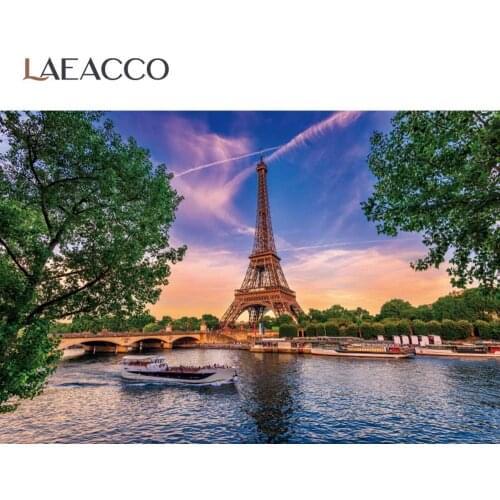 Laeacco Paris Tower Riverside Boat Brige Tree Scenic Home Decor Photographic Backdrop Photography Background For Photo Studio