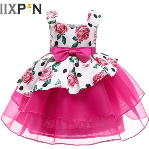 Summer Girls Flower Dresss Children Pageant Dresses Floral Printed Kids Dresses for Girls Wedding Party Performance Costume