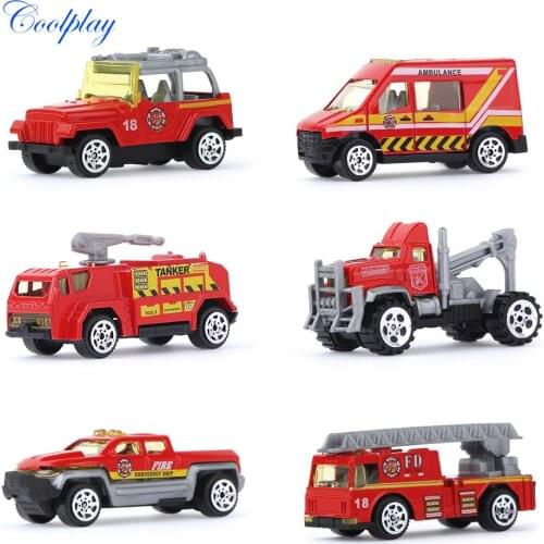 6PCS/set 1:64 Scale Mini Alloy Car Model Fire Tanker Diecast Engine Ladder Car Machines Ambulance Vehicle Toys Gift for Children
