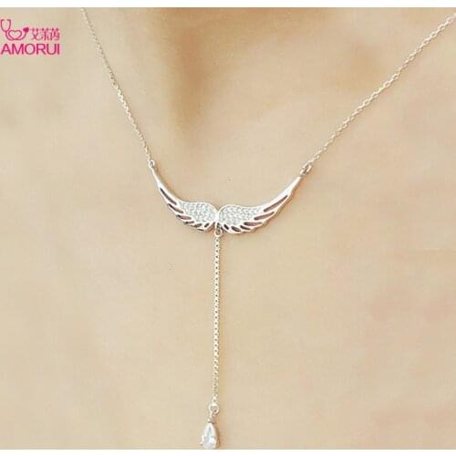 AMORUI Fashion AAA Zircon Angel Wings Waterdrop Pendant Necklace Silver Color Necklaces & Pendants for Women Jewelry