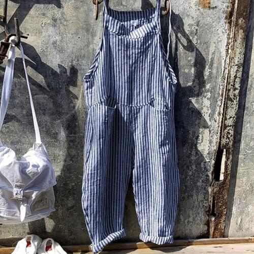 Fashion Elegant Women Cotton Linen Long Wide Leg Strappy Overalls Casual Loose Striped Simple Jumpsuit Trousers Suit