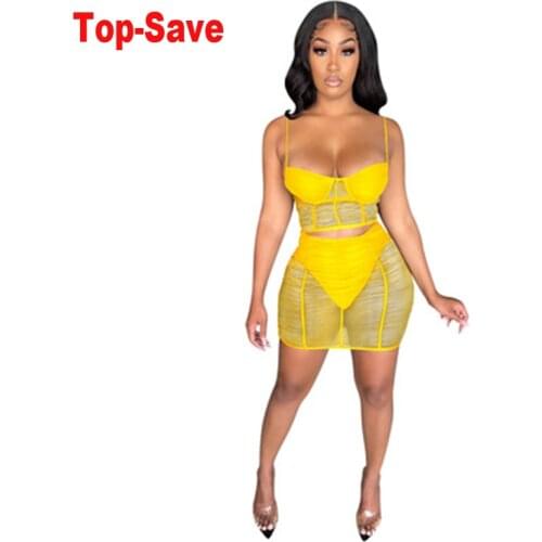 Fashion Mesh Women Two Piece Set Spaghetti Strap Casual Bodycon Outfit Crop Top And Skirt See Through Milk Silk Birthday Clothes