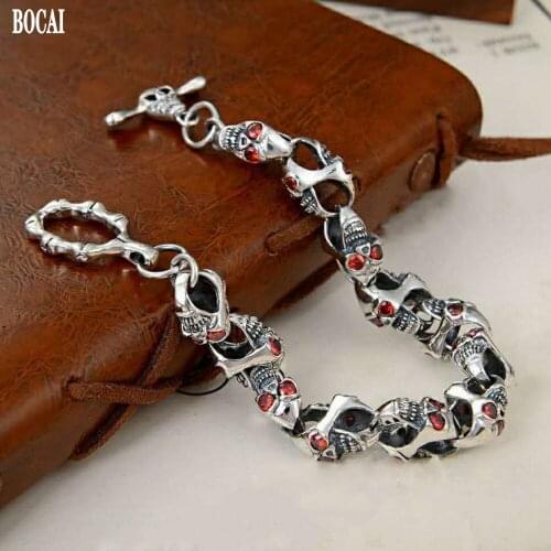 BOCAI Red diamond skull Man bracelet original personality retro simple New 100% S925 pure silver jewelry
