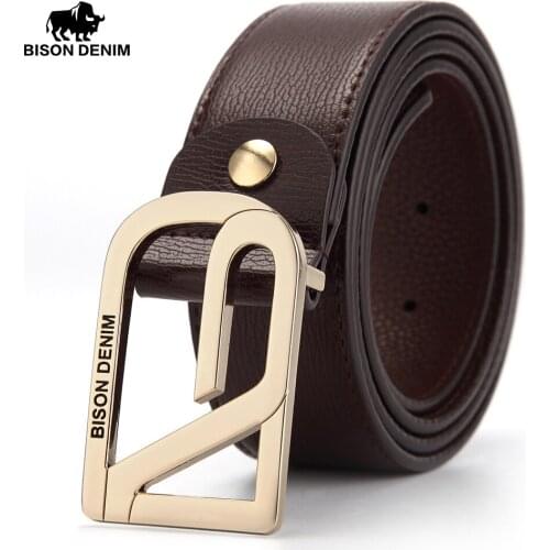 BISON DENIM Vintage Men Belt Jeans Golden Buckle Genuine Leather Casual Belts 3.7cm Width Male Waistband Cowskin Belts N70960