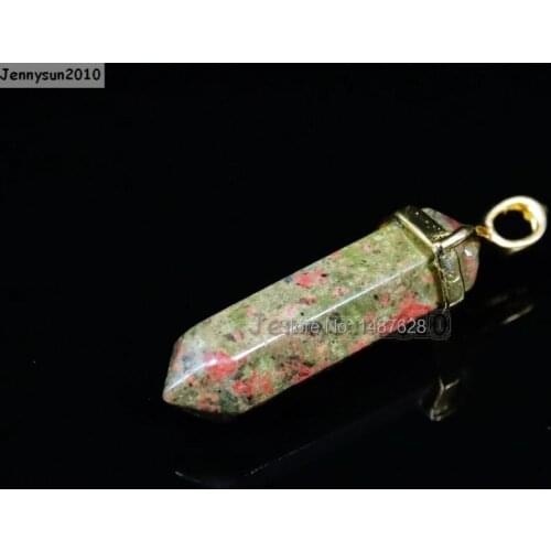 Natural Unakite Gems Stones Hexagonal Pointed Healing Reiki Chakra Gold Pendant Beads Necklace Earrings Jewelry 10Pcs/Pack