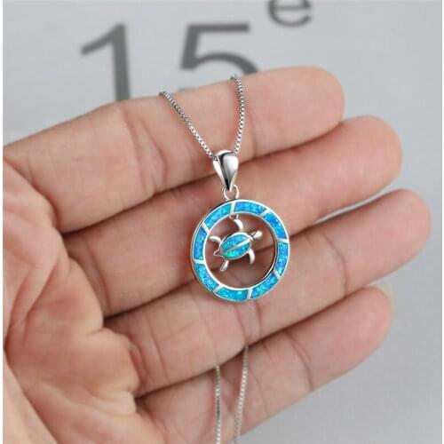 Cute Sea Turtle Opal Wedding Necklace Female White Blue Round Pendant Necklace Rose Gold Silver Color Chain Necklaces For Women
