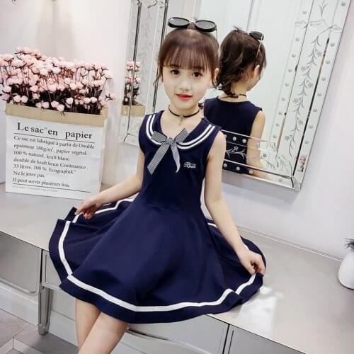 Girls Dress 2020 Summer Elegant Princess Dresses Navy School Style Sleeveless Party Dress for Girls 4 6 8 10 12 Years Kids Dress