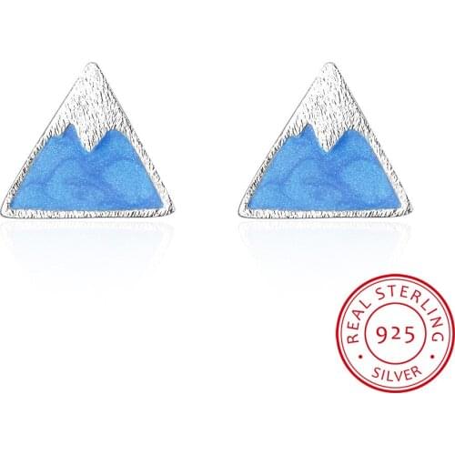 925 Sterling Silver Hand Painted Gradient Blue Triangle Mount Fuji Stud Earrings Unique Sterling-Silver-Jewelry Gift