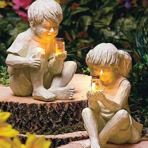 BOY GIRL Statue Solar Lighted Fireflies in Jar Ornament Sculpture Garden Art