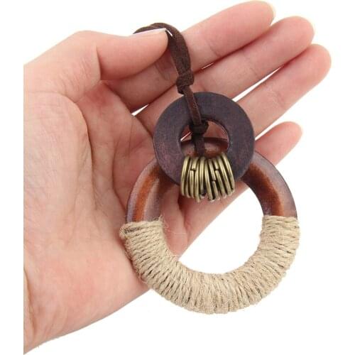Vintage Wooden Circle Pendant with A Burlap Rope Wrapped Necklace