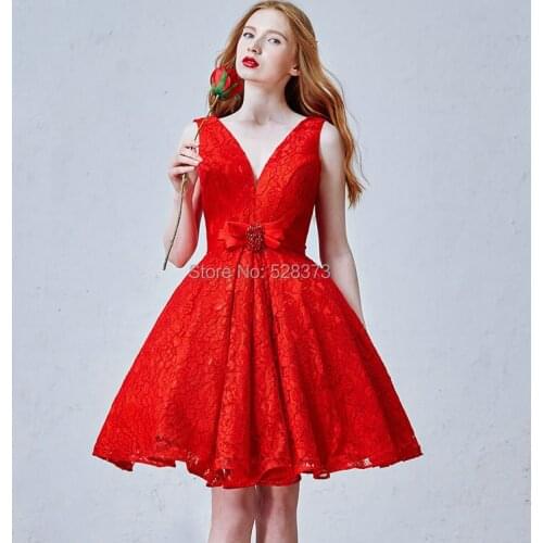YNQNFS YEC3 Chic Red Puffy Short Mini Backless Lace Party Bridesmaid Dress Real Photos