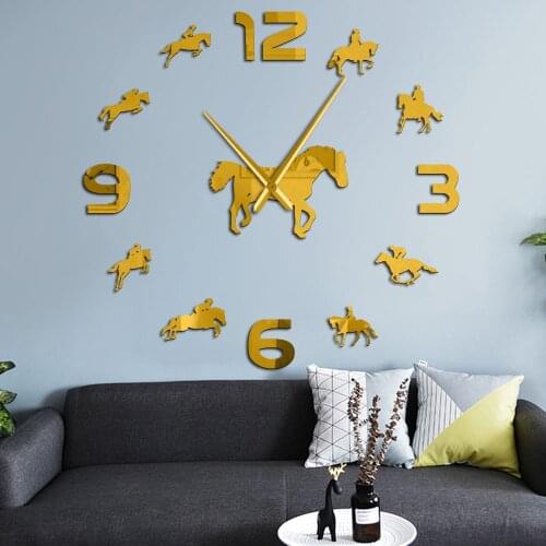 Horse Riding Silhouette DIY Wall Art Mirror Stickers Stallion Portrait Giant Wall Clock Frameless Wall Watch Equestrian Decor