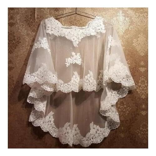 Womens ivory tulle Applique Cape Wrap Shrug Shawl Coat Wedding Winter shawl