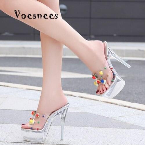 Transparent Womens Shoes 2020 Summer Roman Style Stiletto Waterproof Platform Super High Heel14CM Open Toe Color Rivet Sandals