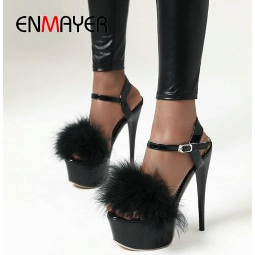 ENMAYER Basic Buckle Strap PU Party Womens Shoes Solid Feather Super High 2020 Women Sandals Thin Heel Platform Sandals 34-43