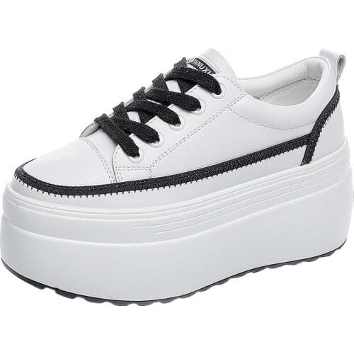 Fujin 8cm genuine leather White Shoes Female 2021 Spring New Thick-soled Student Board Shoes Female platform chunky wedge Shoes
